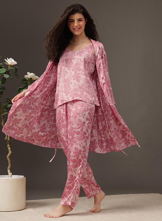 Clovia Pack of 3 - Floral Satin Cami, Robe and Pyjama - Image 1